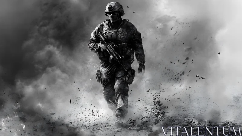Lone tactical warrior strides through shattering war smoke.