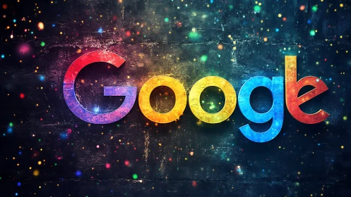 Google logotype with multicolor bokeh effects on dark wall.