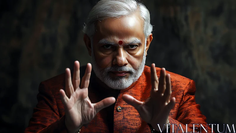 Intense elder portrait in red kurta under dramatic low-key lighting