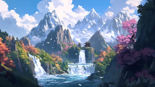 Mountain waterfall valley with distant pagoda structures.