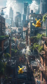 Urban alleyway with Pikachu characters in dense cityscape.
