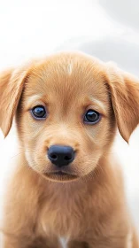 Close frontal portrait of light brown puppy on white background.