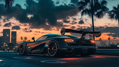 Digital painting of hypercar at neon dusk boulevard streetscape.