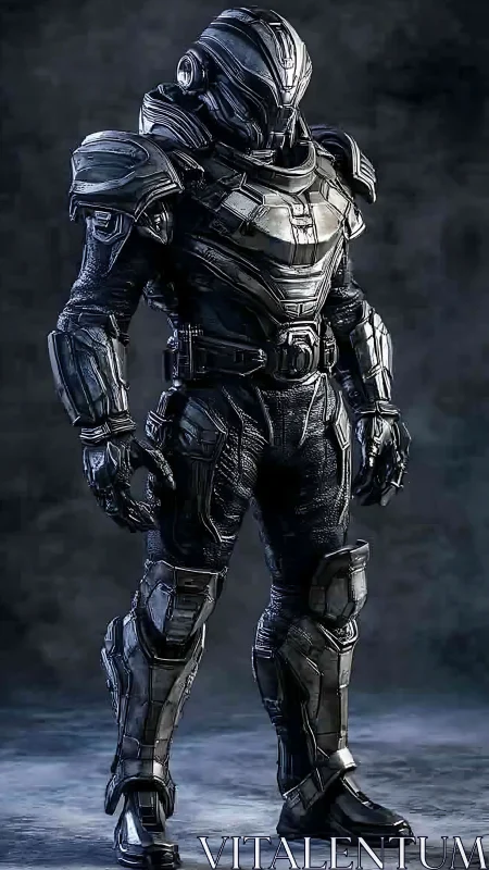 Armored sci fi sentinel stands ready in dark metallic exosuit.