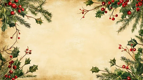 Vintage Christmas border with holly, berries, and pine.