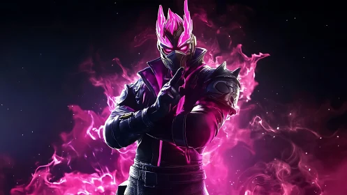 Neon armored warrior stands proud in swirling pink flames