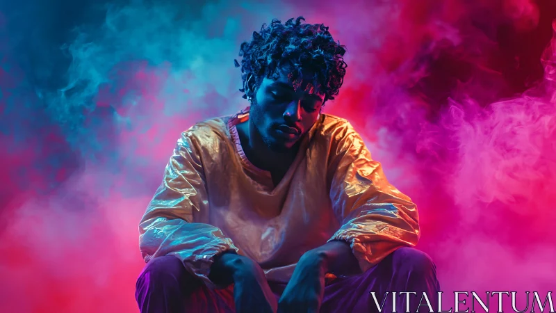 Neon clouds cradle a reflective soul in liquid gold light