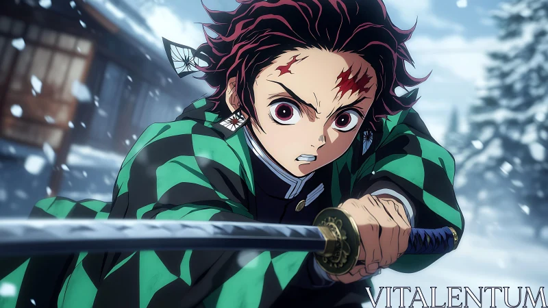 Determined anime swordsman charging through winter snow.