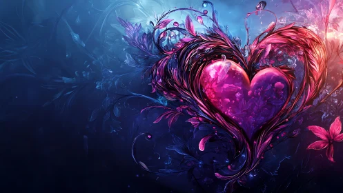 Radiant Crystalline Heart: Neon Luminescence with Intricate Particle Architecture