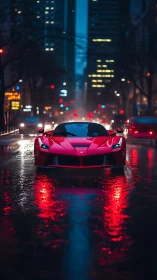 Red supercar in neonlit rainy city street at blue hour.