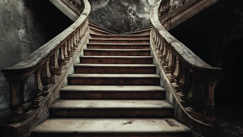 Decayed stone bifurcated staircase with distressed balustrades