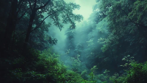 Misty rainforest canopy with layered tree coverage and atmospheric haze