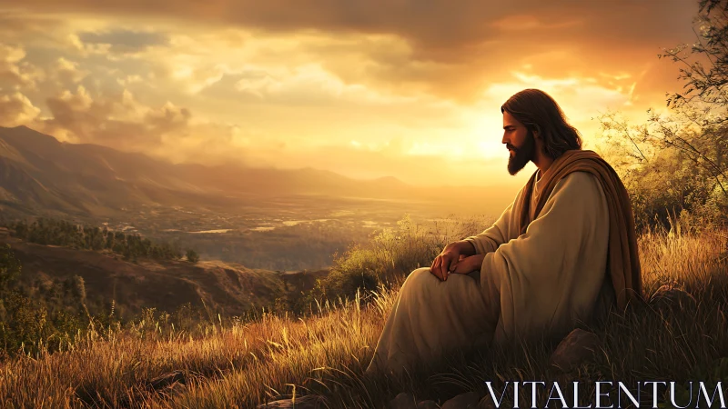 Figure in robe sits on hillside overlooking sunset valley