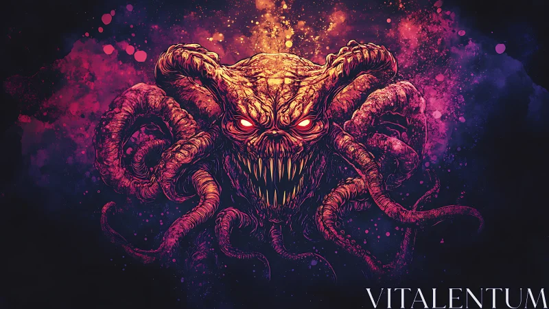 Neon cosmic horror beast emerges from swirling void