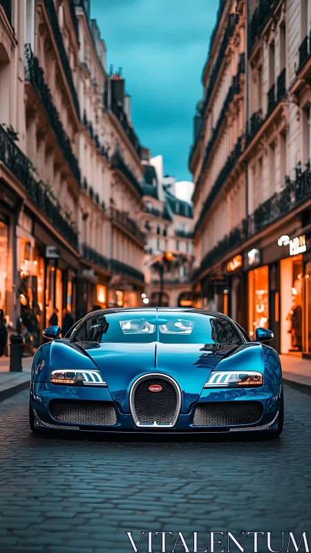 Midnight blue hypercar prowls between glowing Parisian facades