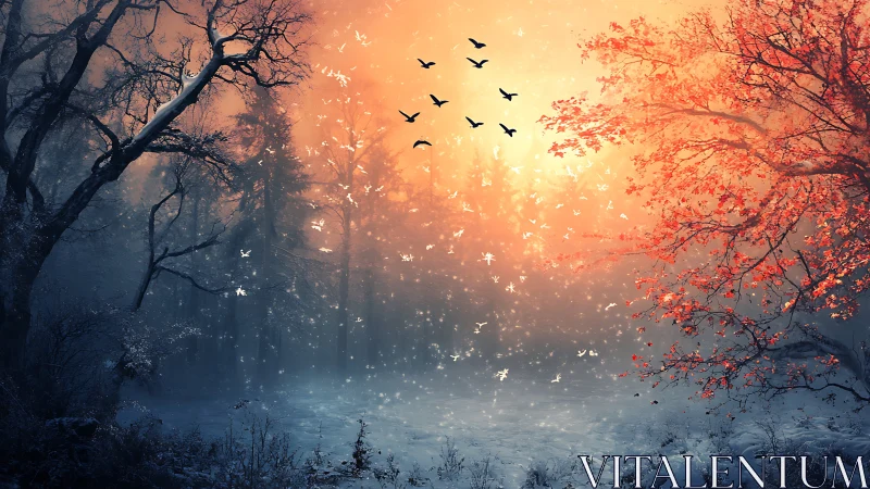 Sunlit autumn forest with birds over misty clearing.