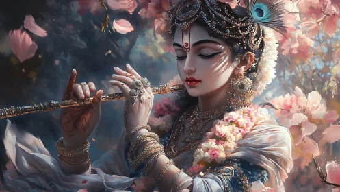 Blossom crowned flute goddess in drifting sakura hush.