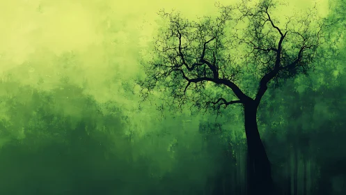 Solitary tree silhouette against abstract green background, digital art.