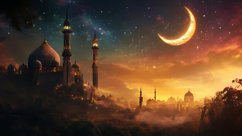 Crescent moon glows above domed mosque city at twilight