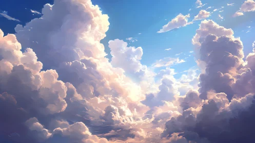 Sunlit cloud towers drifting through a calm blue sky.