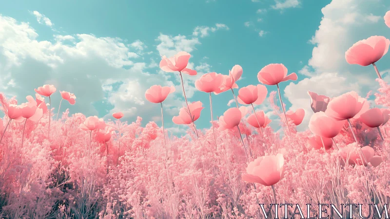 Infrared-style poppy meadow under cyan sky with soft clouds
