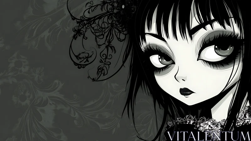 Gothic girl portrait with oversized eyes and baroque lace