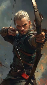 Male archer with drawn bow aims forward in dynamic battle scene