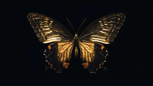 Golden butterfly wings glowing against deep black space.