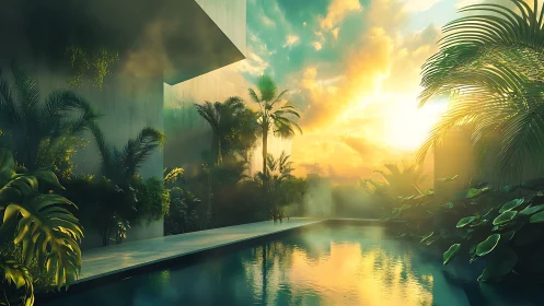 Modern tropical courtyard with reflective pool at sunrise.