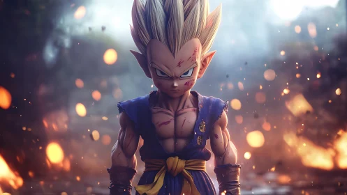 Battle-scarred anime warrior amid burning embers stands resolute.