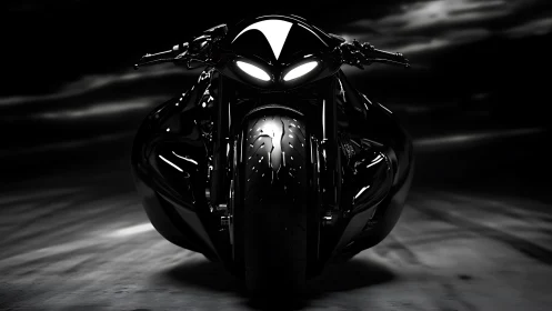 Sculpted black motorcycle silhouette gleams in cinematic light.