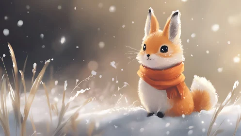 Snow-bright foxling in ember scarf beneath drifting hush.