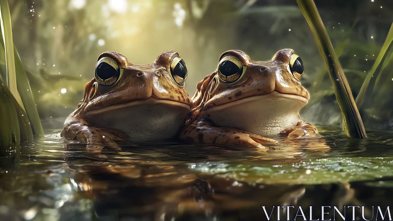 Two photorealistic frogs share reflective pond under soft light