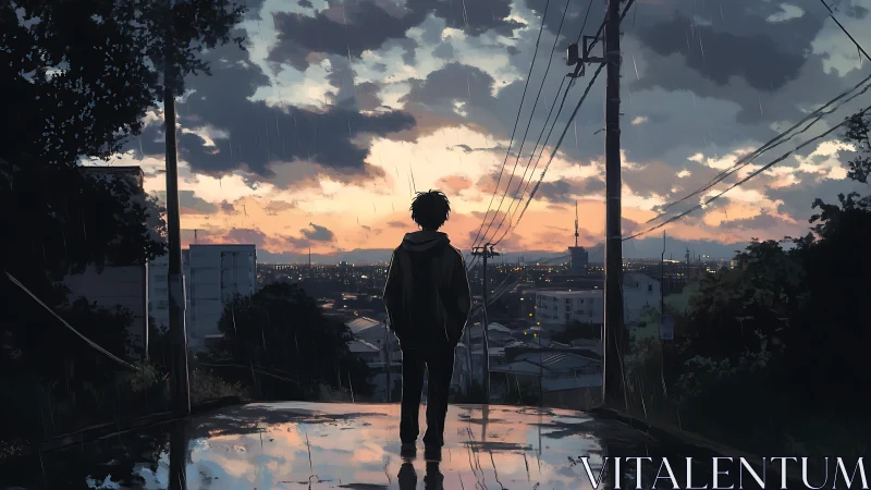 Solitary figure on wet hill overlooking evening cityscape.