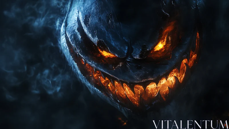 Molten eyed demonic face in dark smoke filled environment.