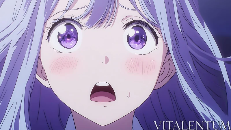 Purple haired anime girl in shocked close up portrait.