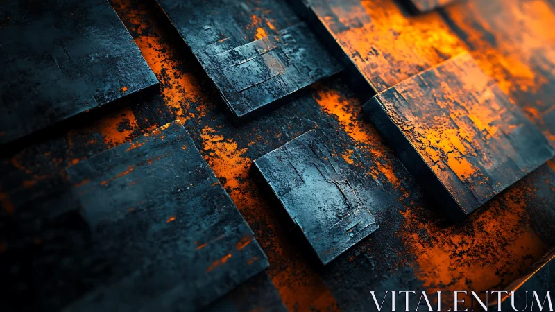 Abstract industrial metal tiles with textured blue and orange lighting.