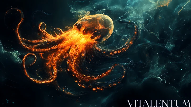 Celestial ember octopus drifts through a molten cosmic tide.