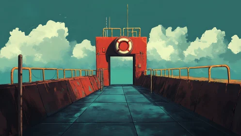 Digital painting of industrial rooftop gate in vivid perspective.