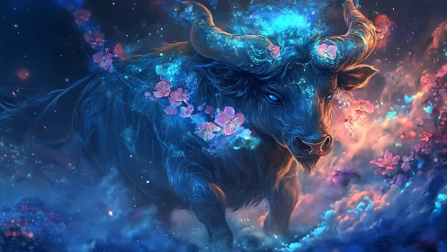 Starforged blossom bull crossing a nebula of midnight petals.