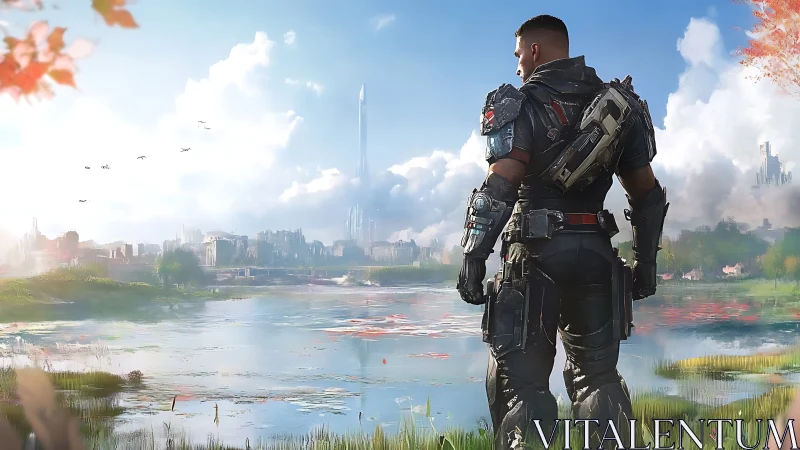 Futuristic soldier overlooking tranquil lakeside cityscape scene.