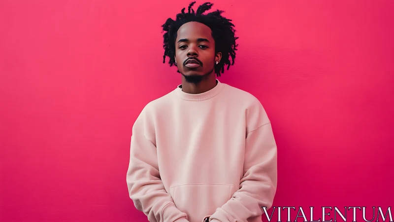 Portrait of young man in pastel sweatshirt on magenta wall.