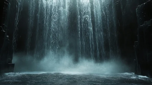 Moody cavern waterfall with mist over dark rock pool.