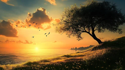 Golden sunset embraces a quiet shoreline beneath a lone tree