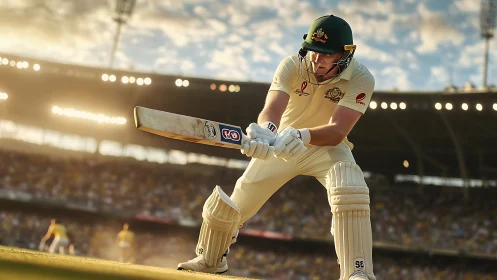 Sunlit cricket stance beneath a glowing evening stadium.