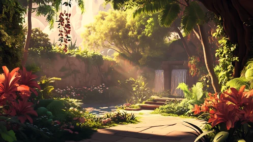 Lush tropical garden vista with waterfalls in digital painting.