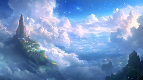 Towering mountain rises above dense luminous cloud ocean