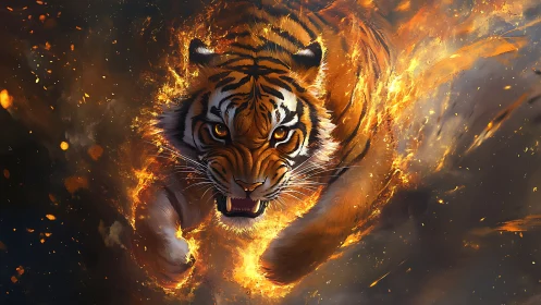 Tiger in mid-leap surrounded by stylized flames and sparks.