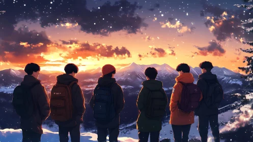 Friends watch a glowing mountain sunset in falling snow.