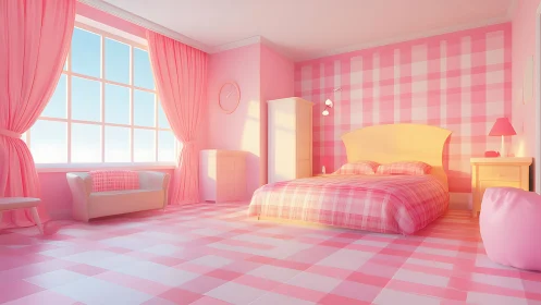 Sugary sunrise bedroom drenched in playful pink plaid light.
